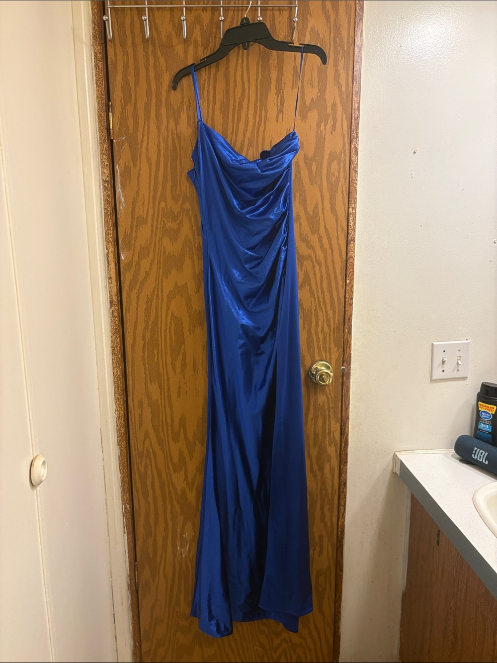 JBL Sapphire Blue Satin Draped Slip Gown